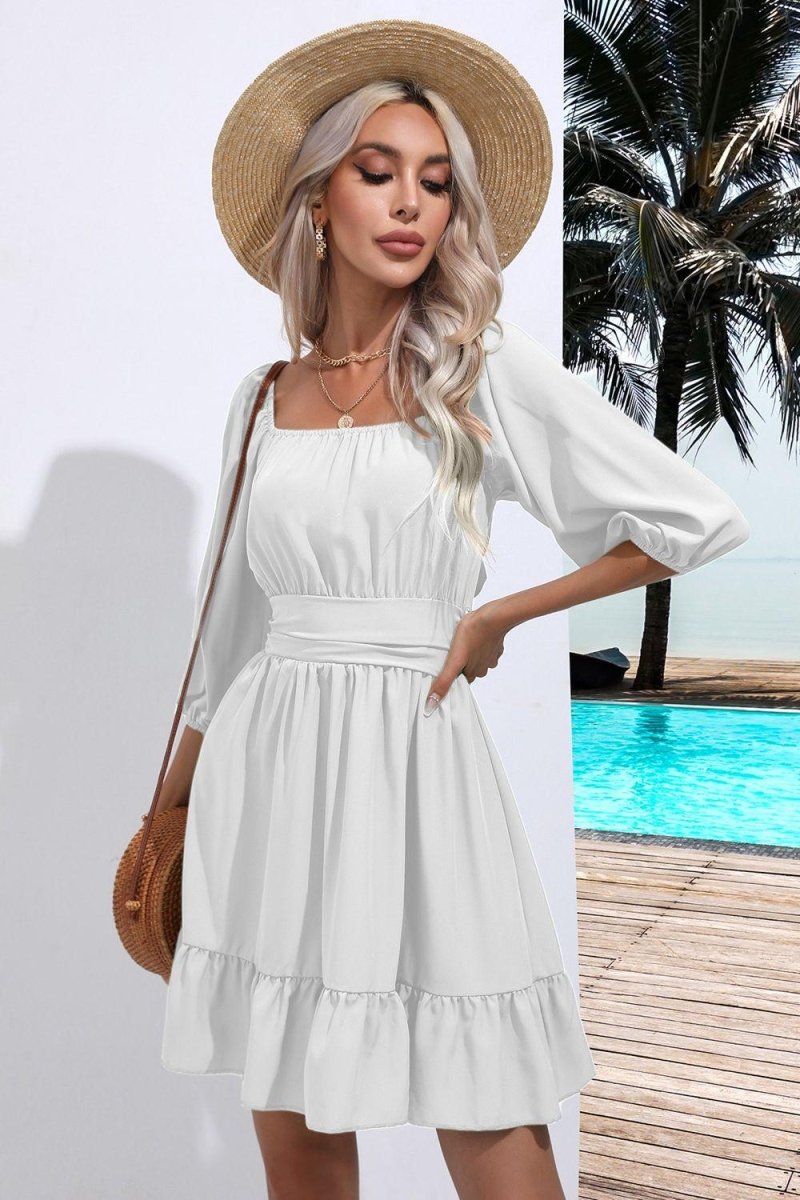 Square Neck Tie Back Ruffle Hem Dress-Nordavory