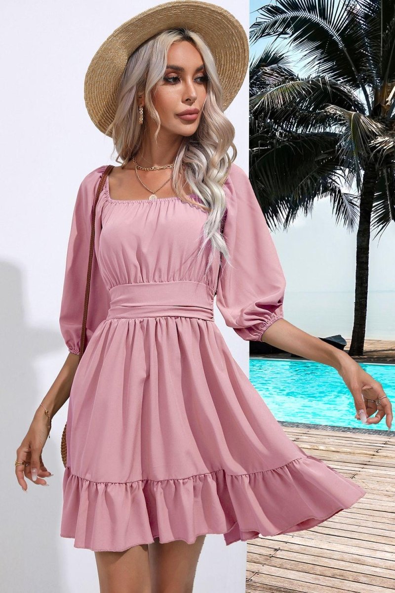 Square Neck Tie Back Ruffle Hem Dress-Nordavory