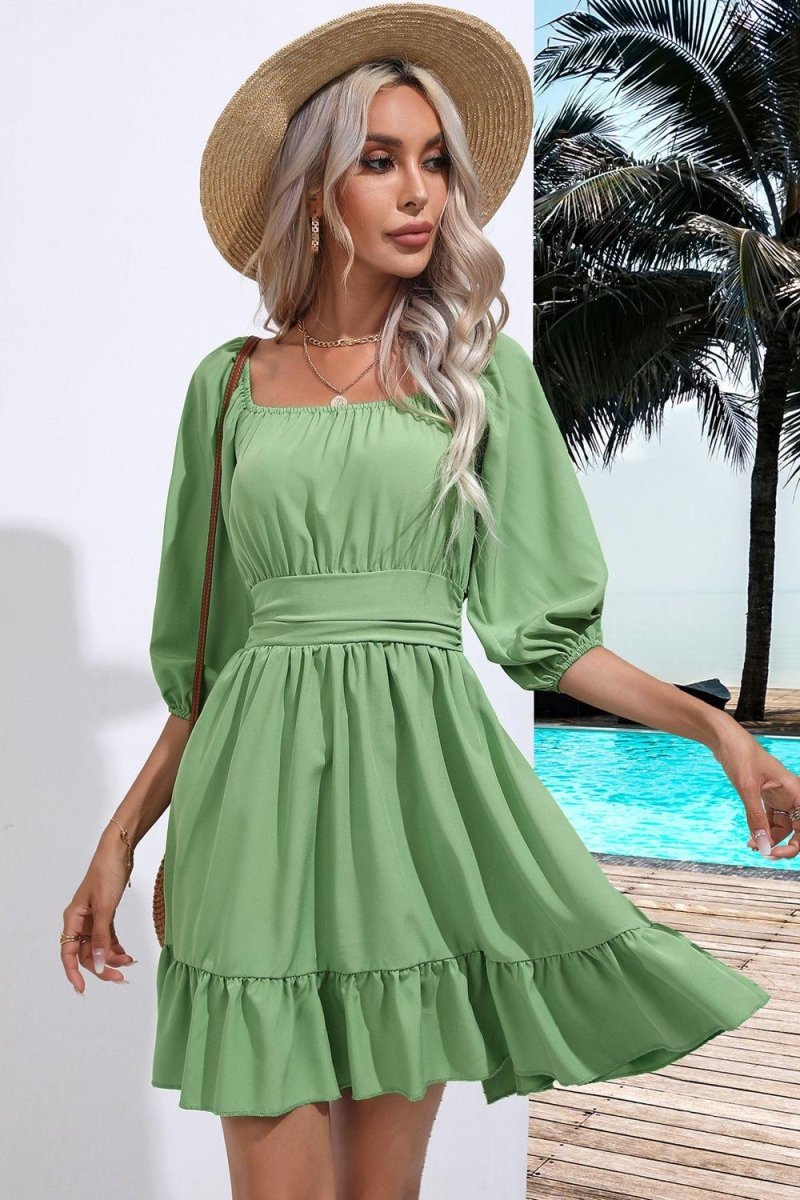 Square Neck Tie Back Ruffle Hem Dress-Nordavory
