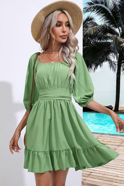 Square Neck Tie Back Ruffle Hem Dress-Nordavory