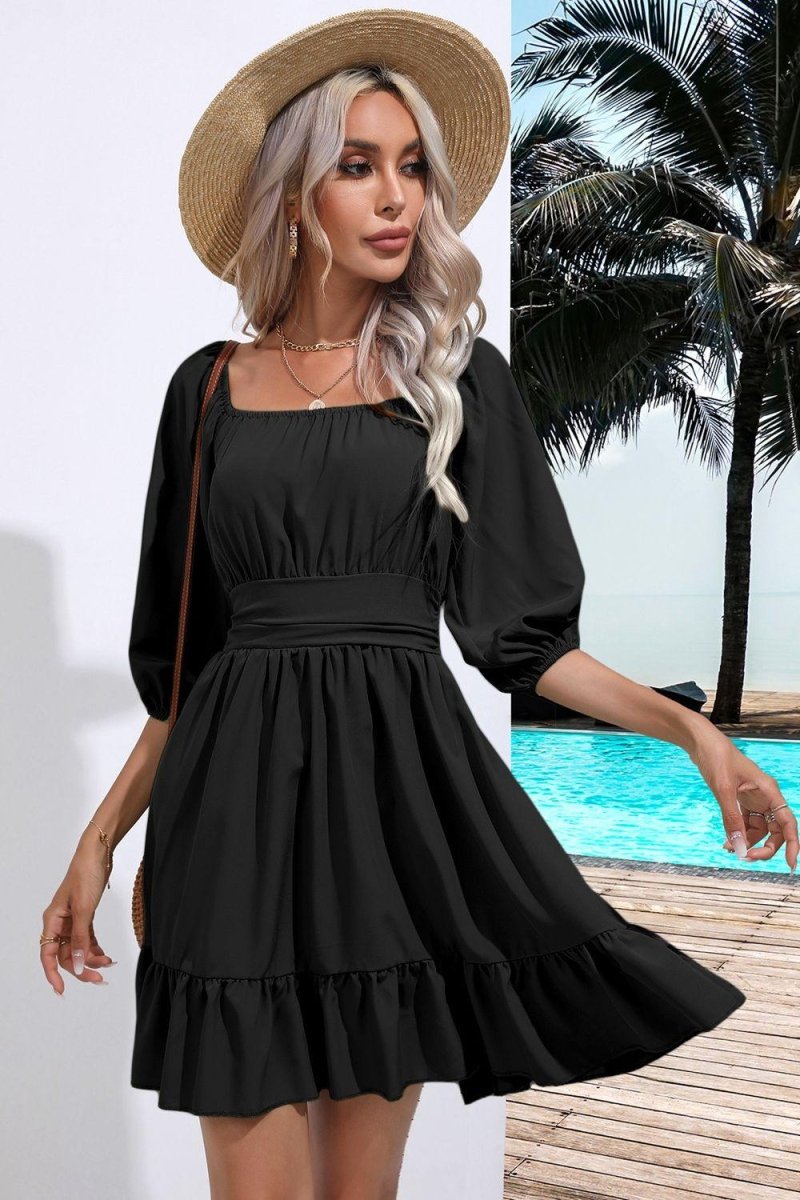 Square Neck Tie Back Ruffle Hem Dress-Nordavory