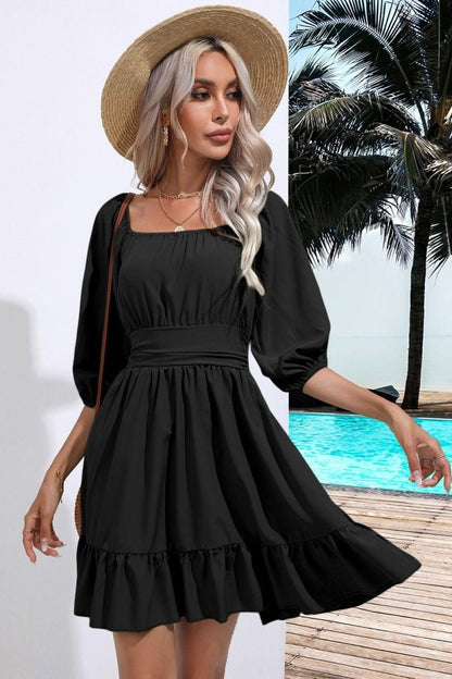 Square Neck Tie Back Ruffle Hem Dress-Nordavory
