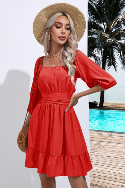 Square Neck Tie Back Ruffle Hem Dress-Nordavory