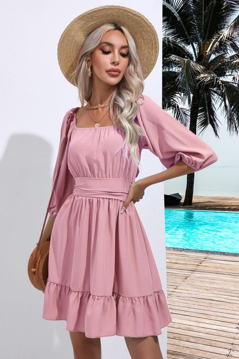 Square Neck Tie Back Ruffle Hem Dress-Nordavory