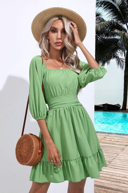 Square Neck Tie Back Ruffle Hem Dress-Nordavory