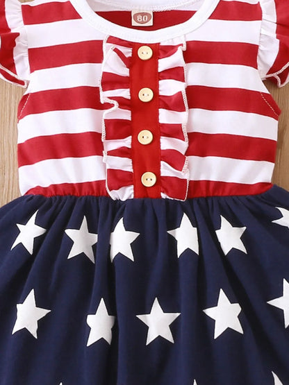Striped & Stars Ruffled Round Neck Cap Sleeve Dress-Nordavory