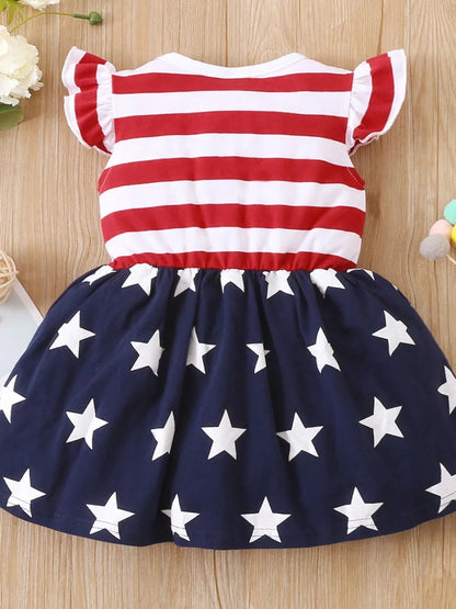 Striped & Stars Ruffled Round Neck Cap Sleeve Dress-Nordavory