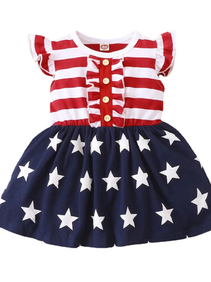 Striped & Stars Ruffled Round Neck Cap Sleeve Dress-Nordavory