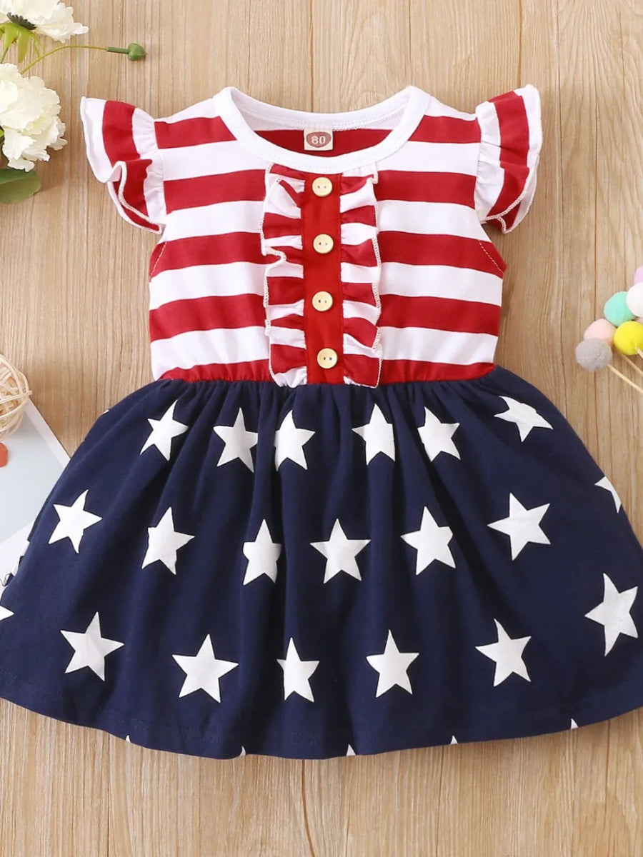 Striped & Stars Ruffled Round Neck Cap Sleeve Dress-Nordavory