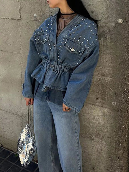 Studded Button Up Denim Jacket-Nordavory