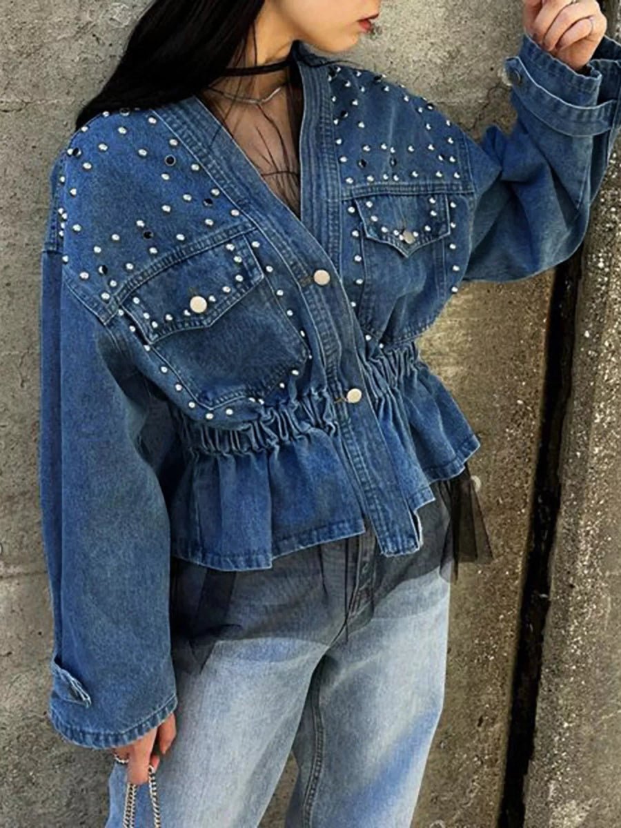 Studded Button Up Denim Jacket-Nordavory