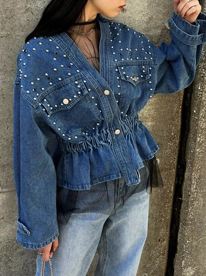 Studded Button Up Denim Jacket-Nordavory