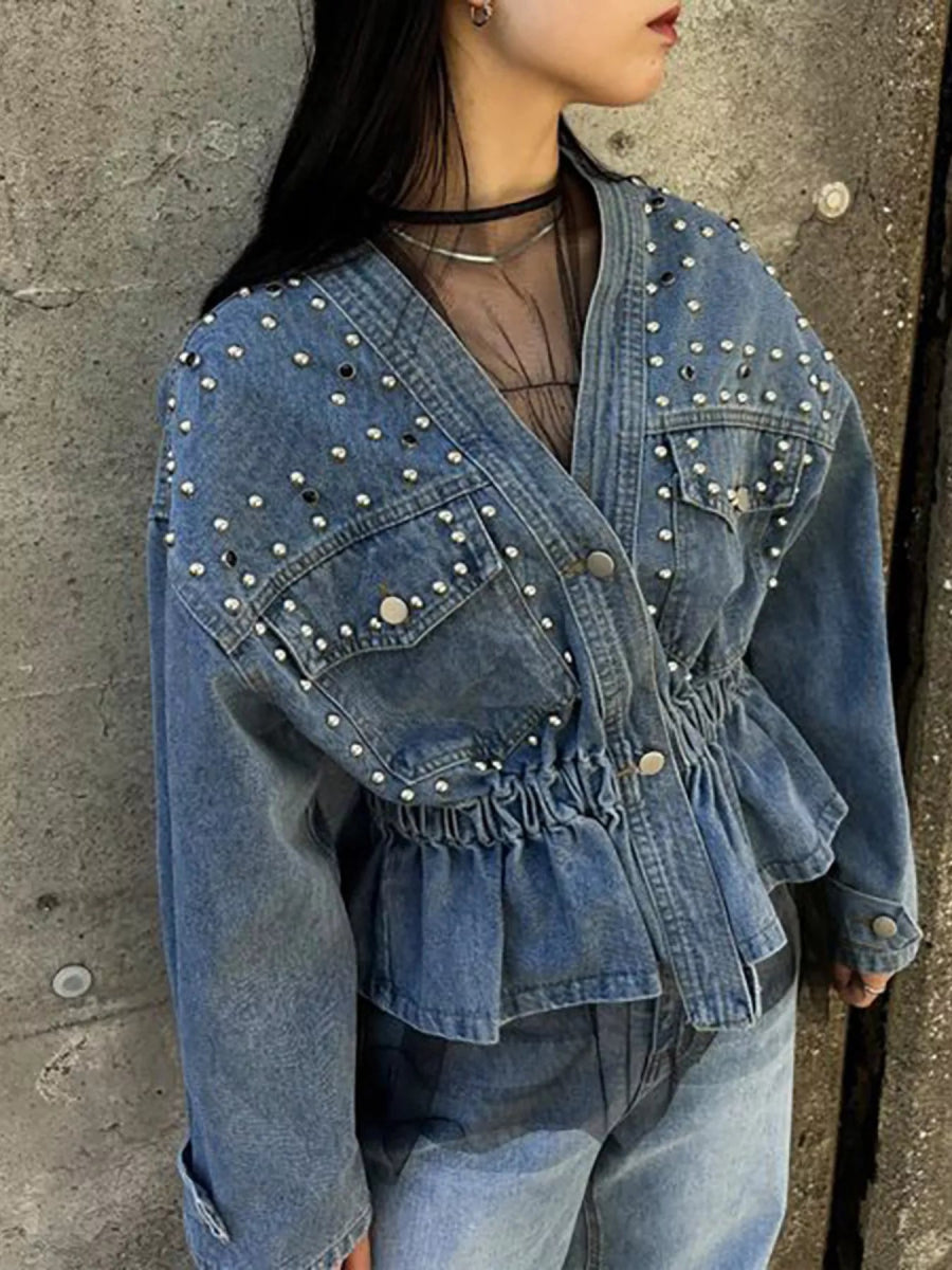 Studded Button Up Denim Jacket-Nordavory