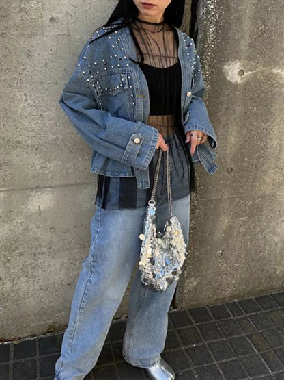 Studded Button Up Denim Jacket-Nordavory