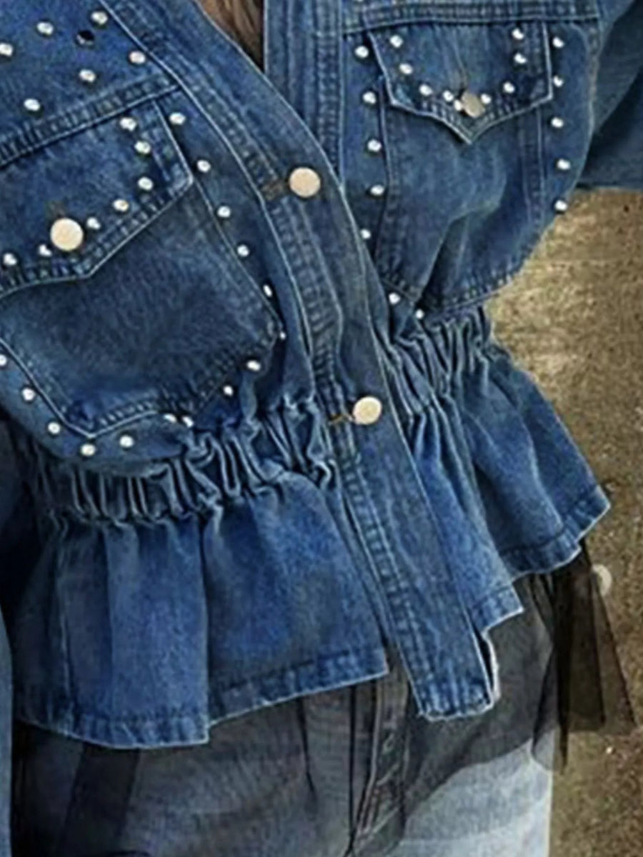 Studded Button Up Denim Jacket-Nordavory