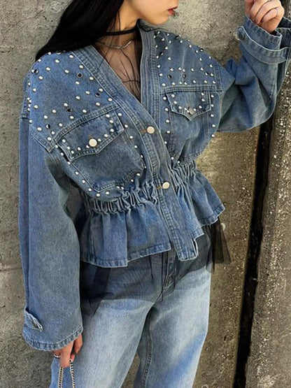 Studded Button Up Denim Jacket-Nordavory