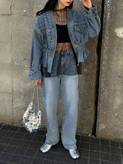 Studded Button Up Denim Jacket-Nordavory
