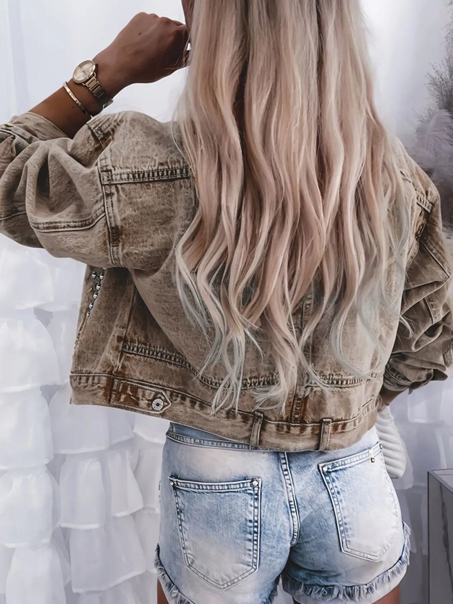 Studded Button Up Denim Jacket-Nordavory