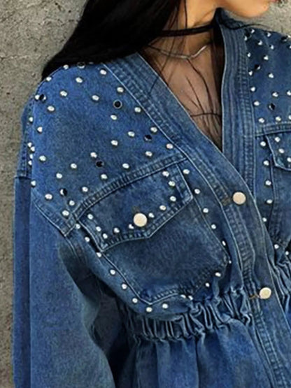 Studded Button Up Denim Jacket-Nordavory