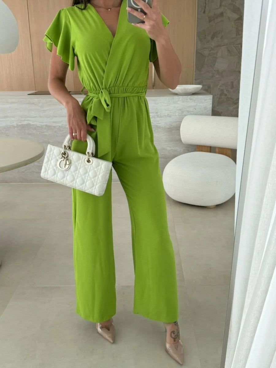 Surplice Wide Leg Belted Jumpsuit-Nordavory