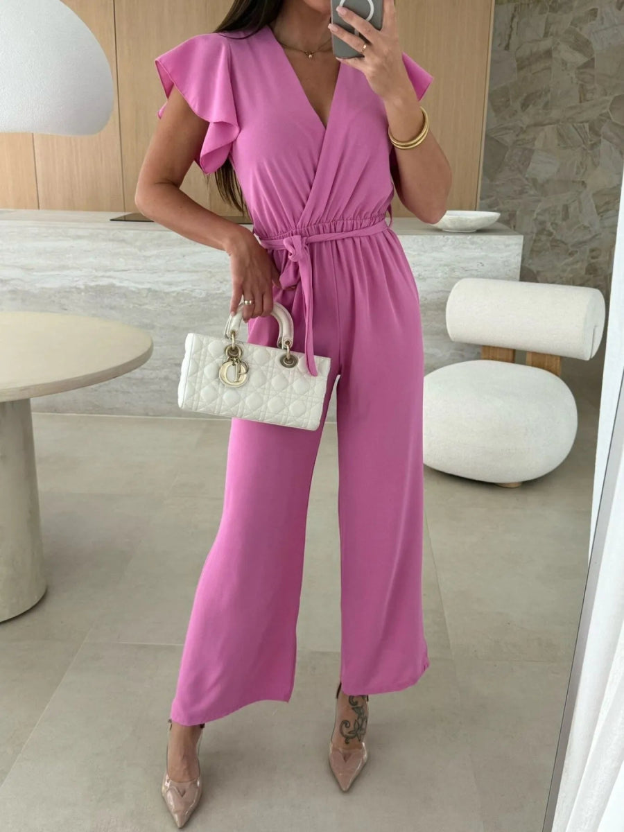 Surplice Wide Leg Belted Jumpsuit-Nordavory