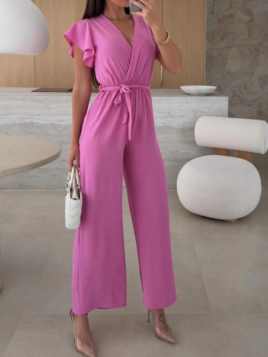 Surplice Wide Leg Belted Jumpsuit-Nordavory