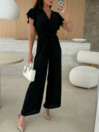 Surplice Wide Leg Belted Jumpsuit-Nordavory