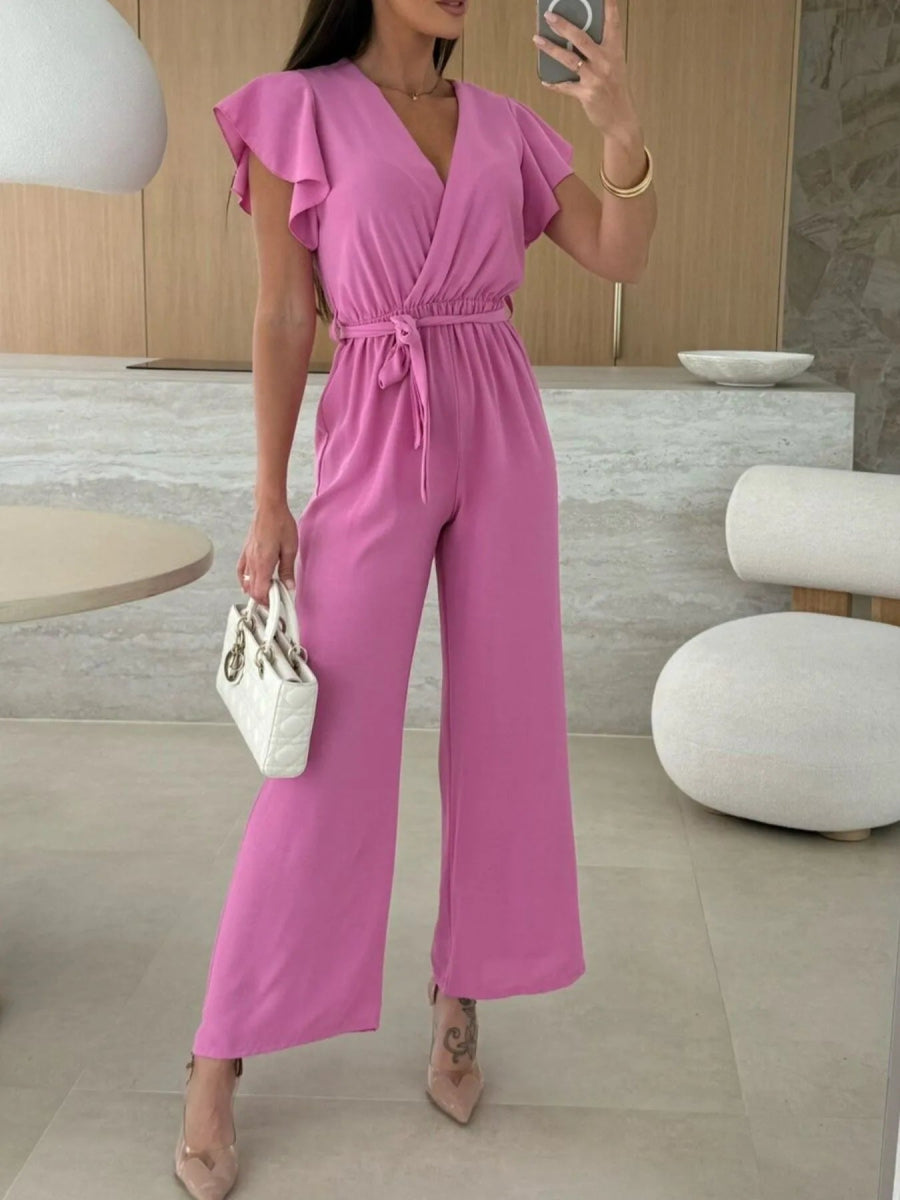 Surplice Wide Leg Belted Jumpsuit-Nordavory