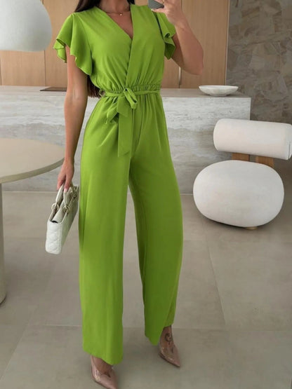 Surplice Wide Leg Belted Jumpsuit-Nordavory