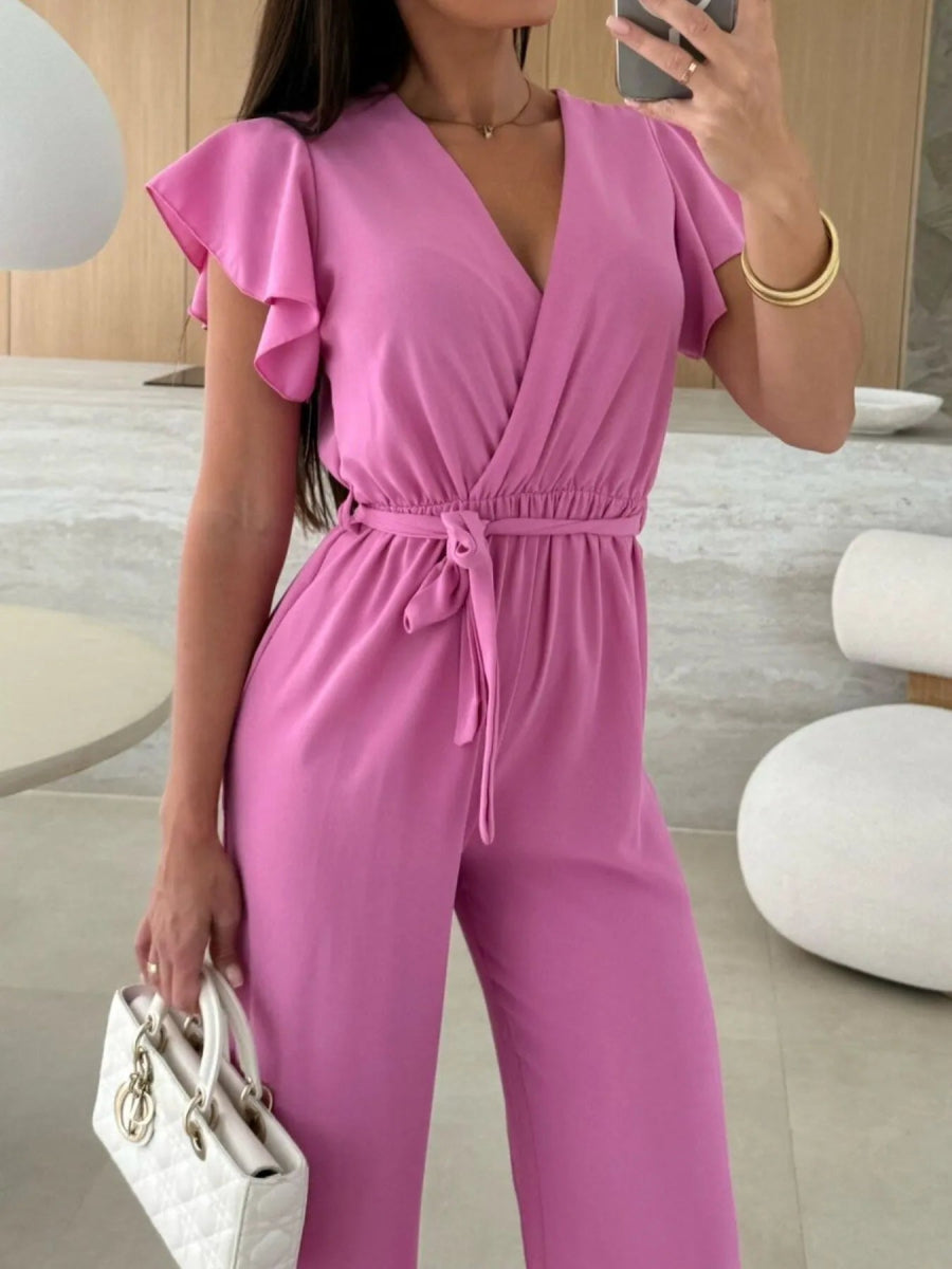 Surplice Wide Leg Belted Jumpsuit-Nordavory