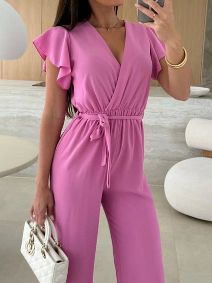 Surplice Wide Leg Belted Jumpsuit-Nordavory
