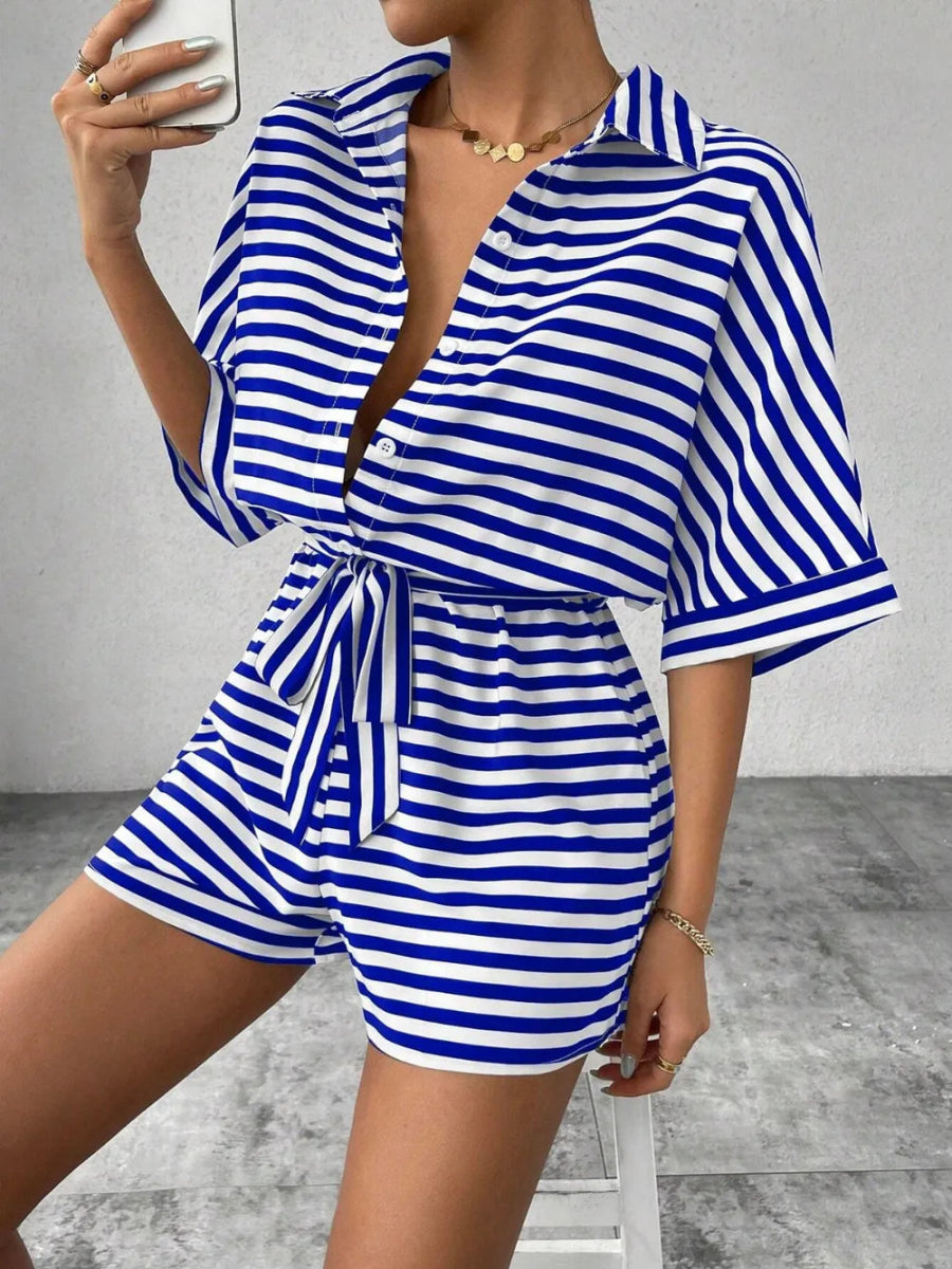 Tie Waist Half Button Striped Romper-Nordavory