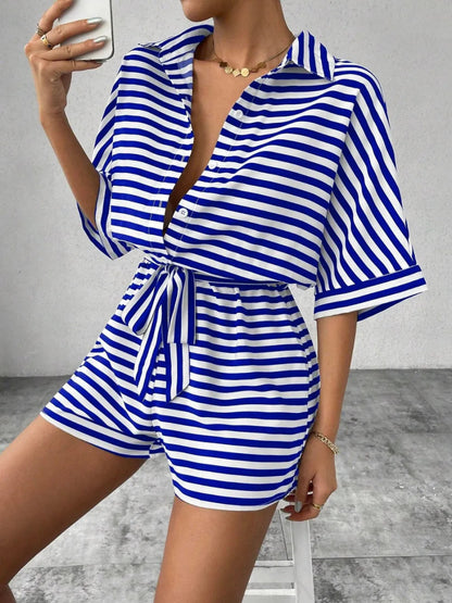 Tie Waist Half Button Striped Romper-Nordavory