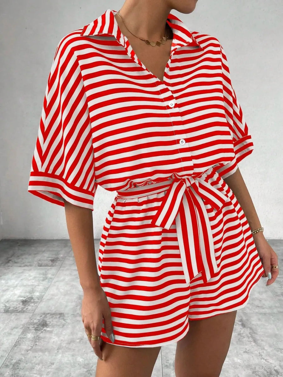 Tie Waist Half Button Striped Romper-Nordavory
