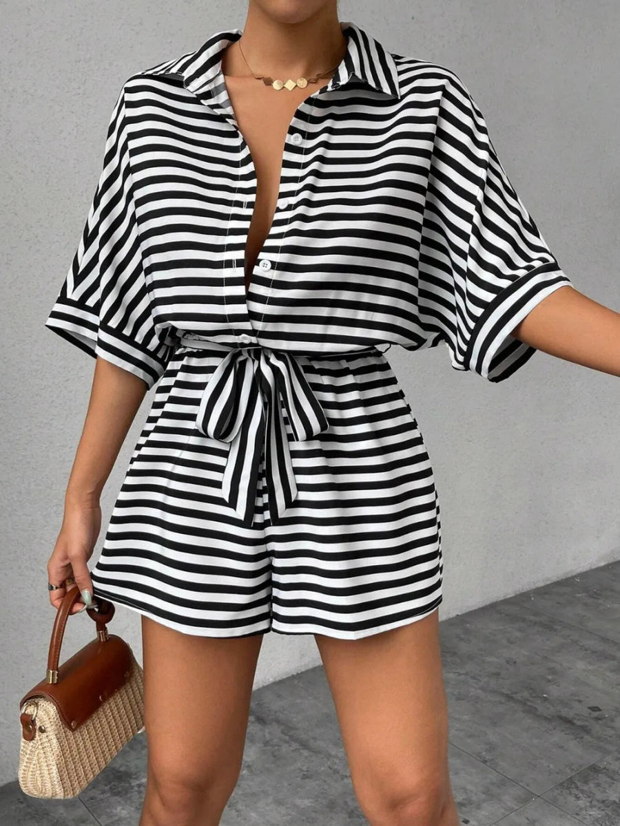 Tie Waist Half Button Striped Romper-Nordavory
