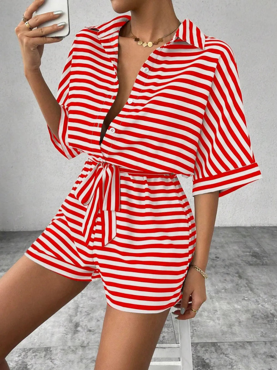 Tie Waist Half Button Striped Romper-Nordavory