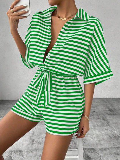 Tie Waist Half Button Striped Romper-Nordavory