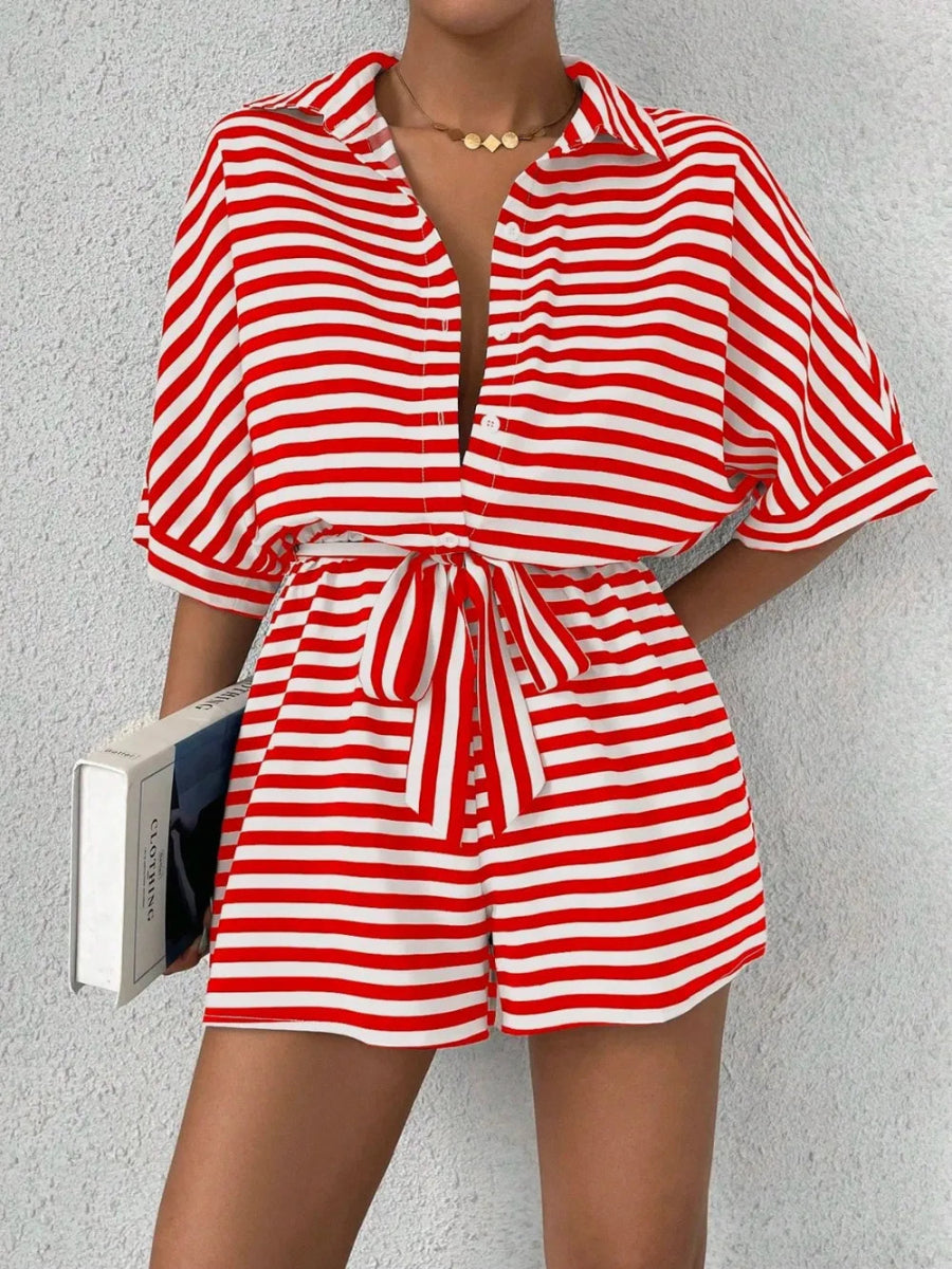 Tie Waist Half Button Striped Romper-Nordavory