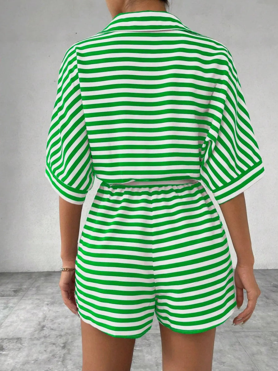 Tie Waist Half Button Striped Romper-Nordavory