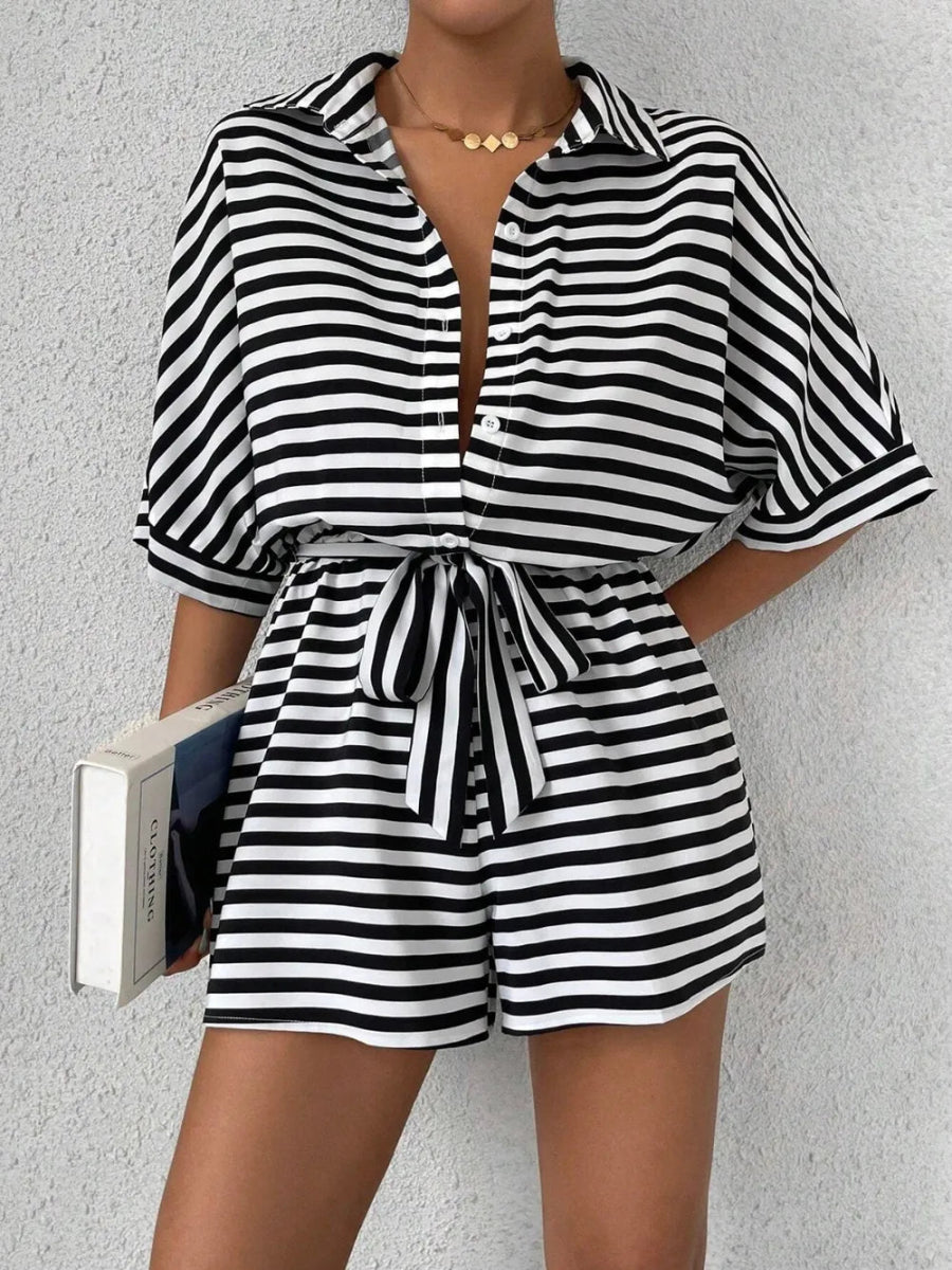 Tie Waist Half Button Striped Romper-Nordavory