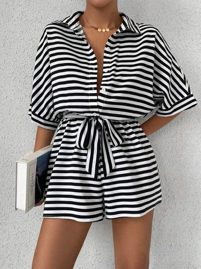 Tie Waist Half Button Striped Romper-Nordavory