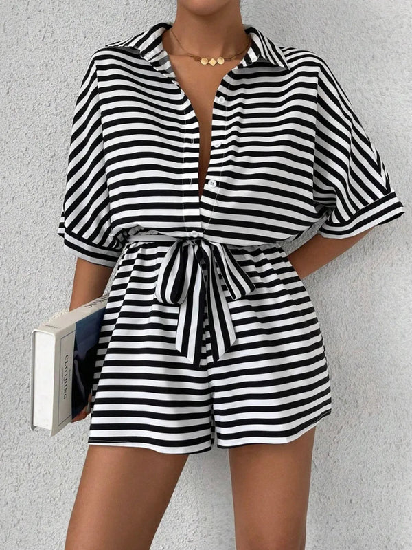 Tie Waist Half Button Striped Romper-Nordavory