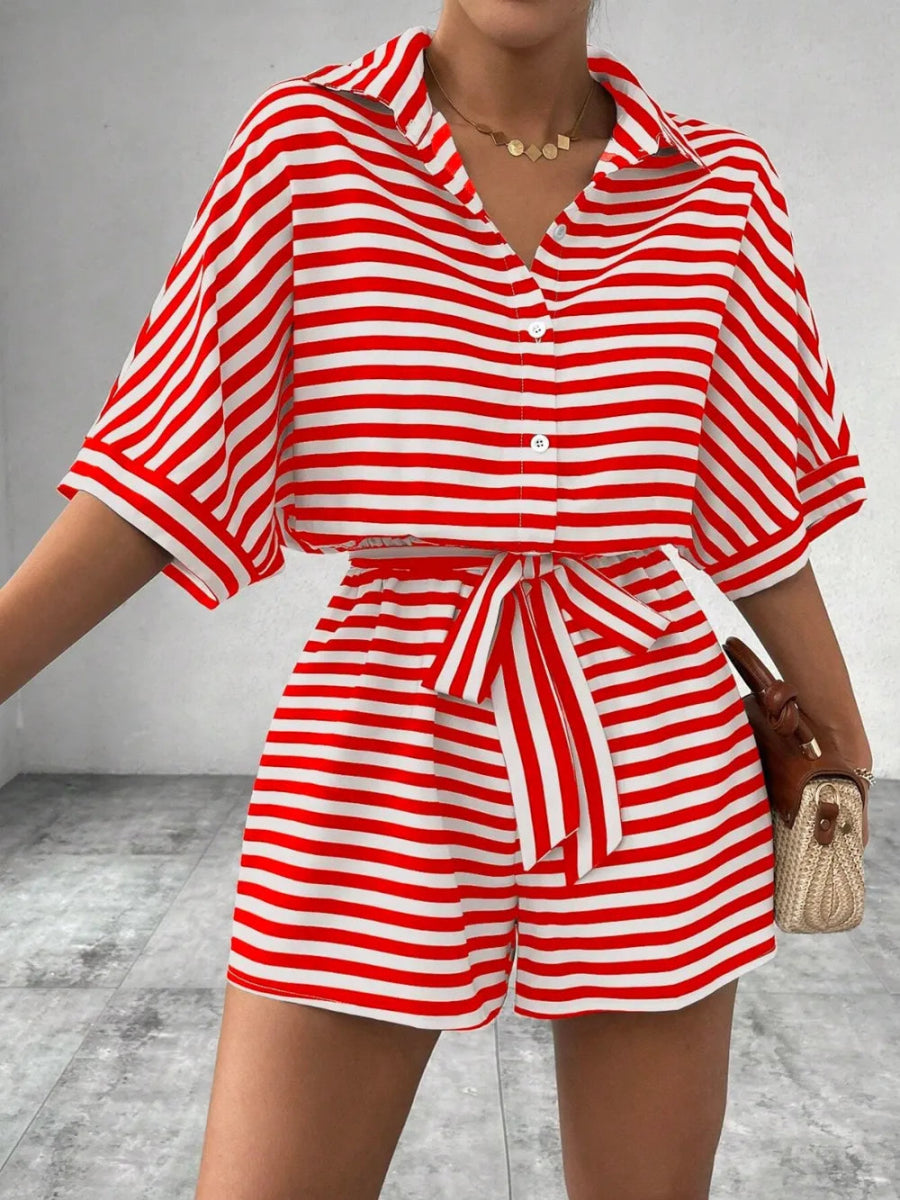 Tie Waist Half Button Striped Romper-Nordavory