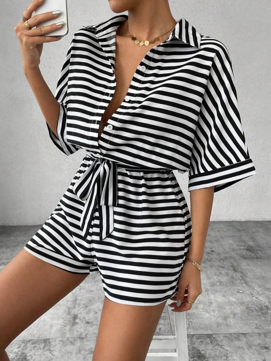 Tie Waist Half Button Striped Romper-Nordavory