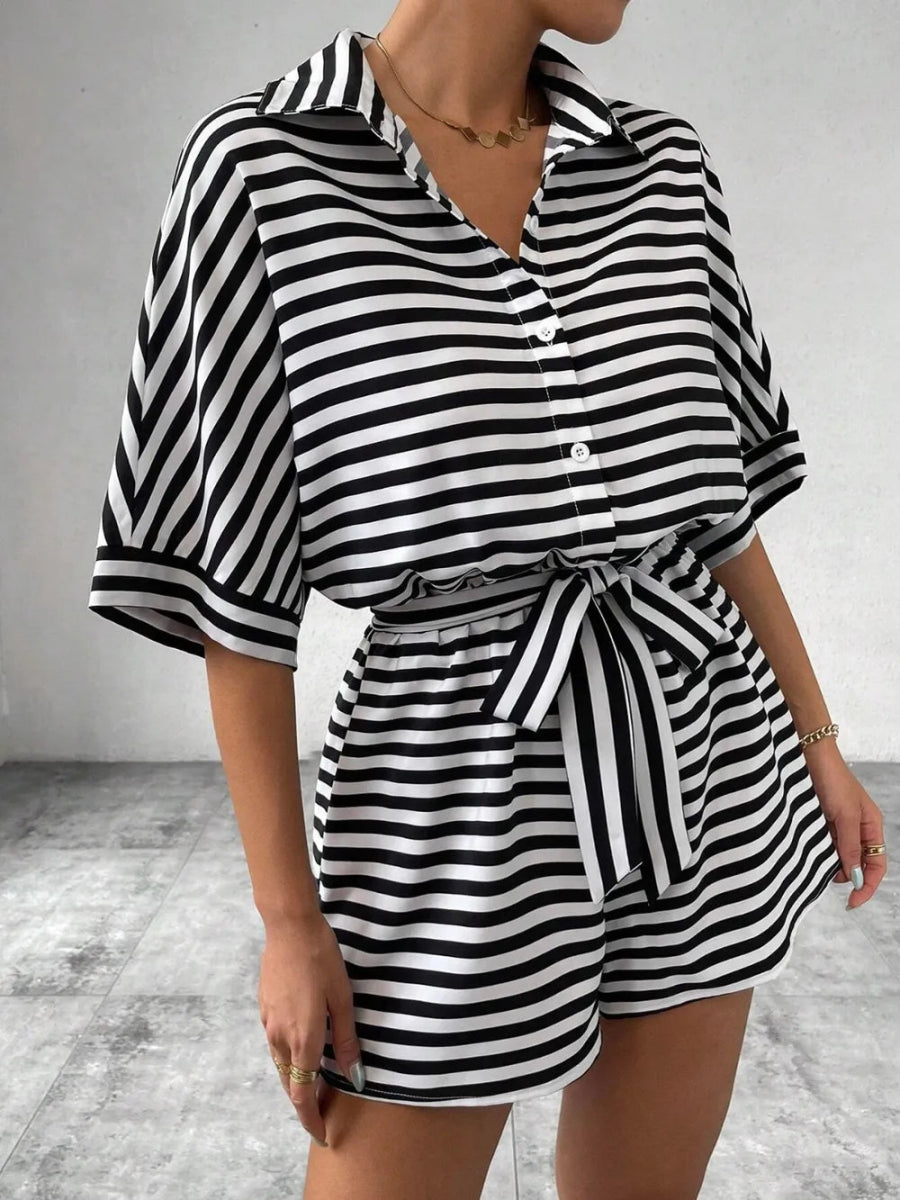 Tie Waist Half Button Striped Romper-Nordavory