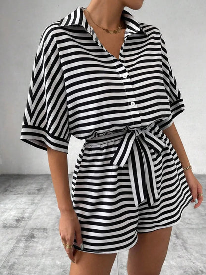Tie Waist Half Button Striped Romper-Nordavory