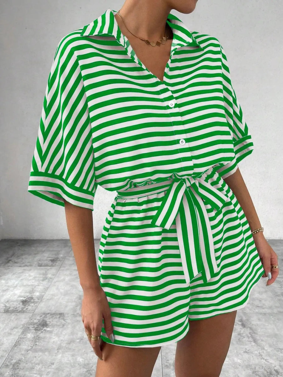 Tie Waist Half Button Striped Romper-Nordavory
