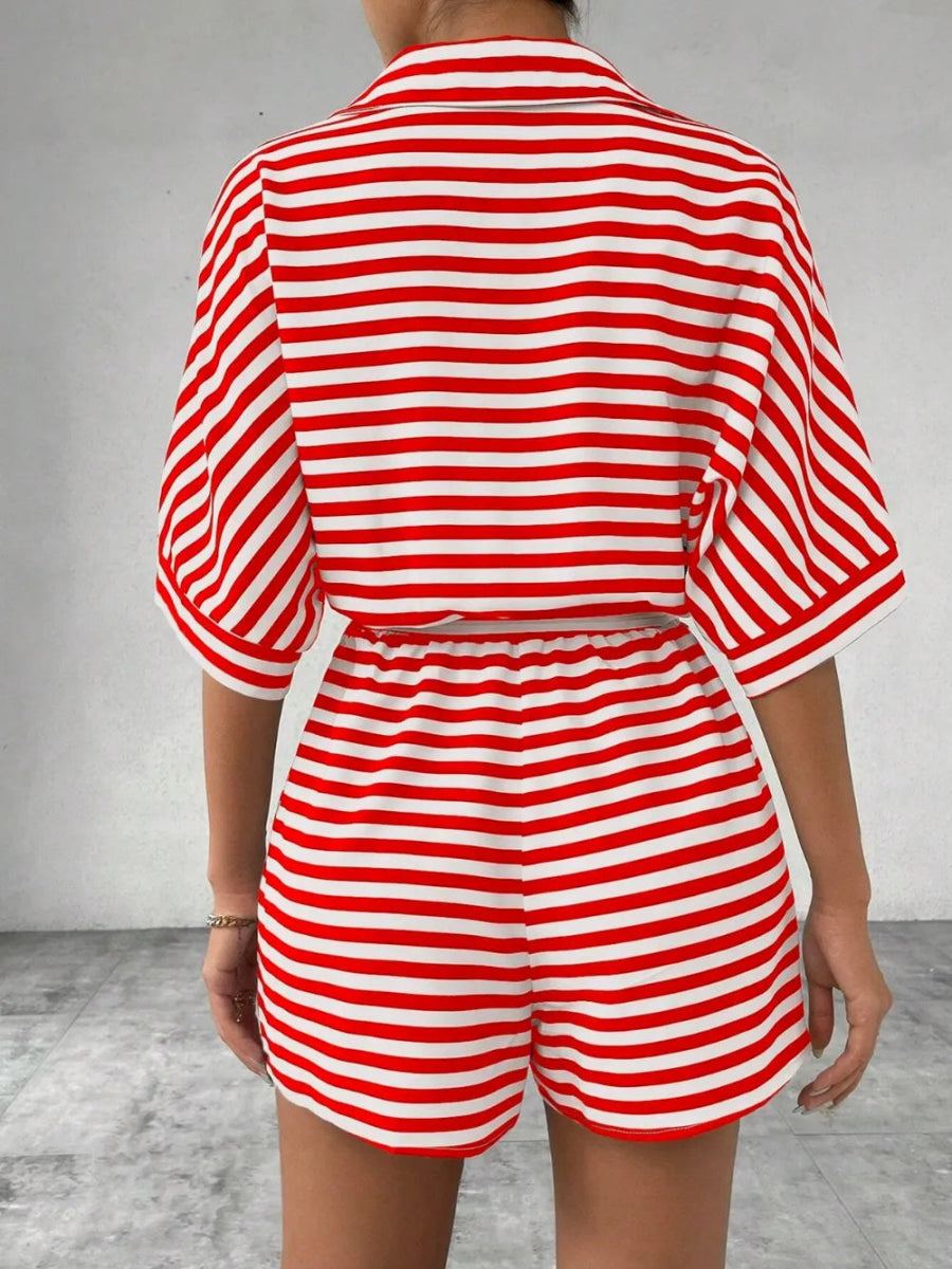 Tie Waist Half Button Striped Romper-Nordavory
