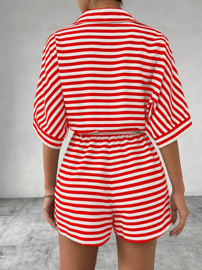 Tie Waist Half Button Striped Romper-Nordavory