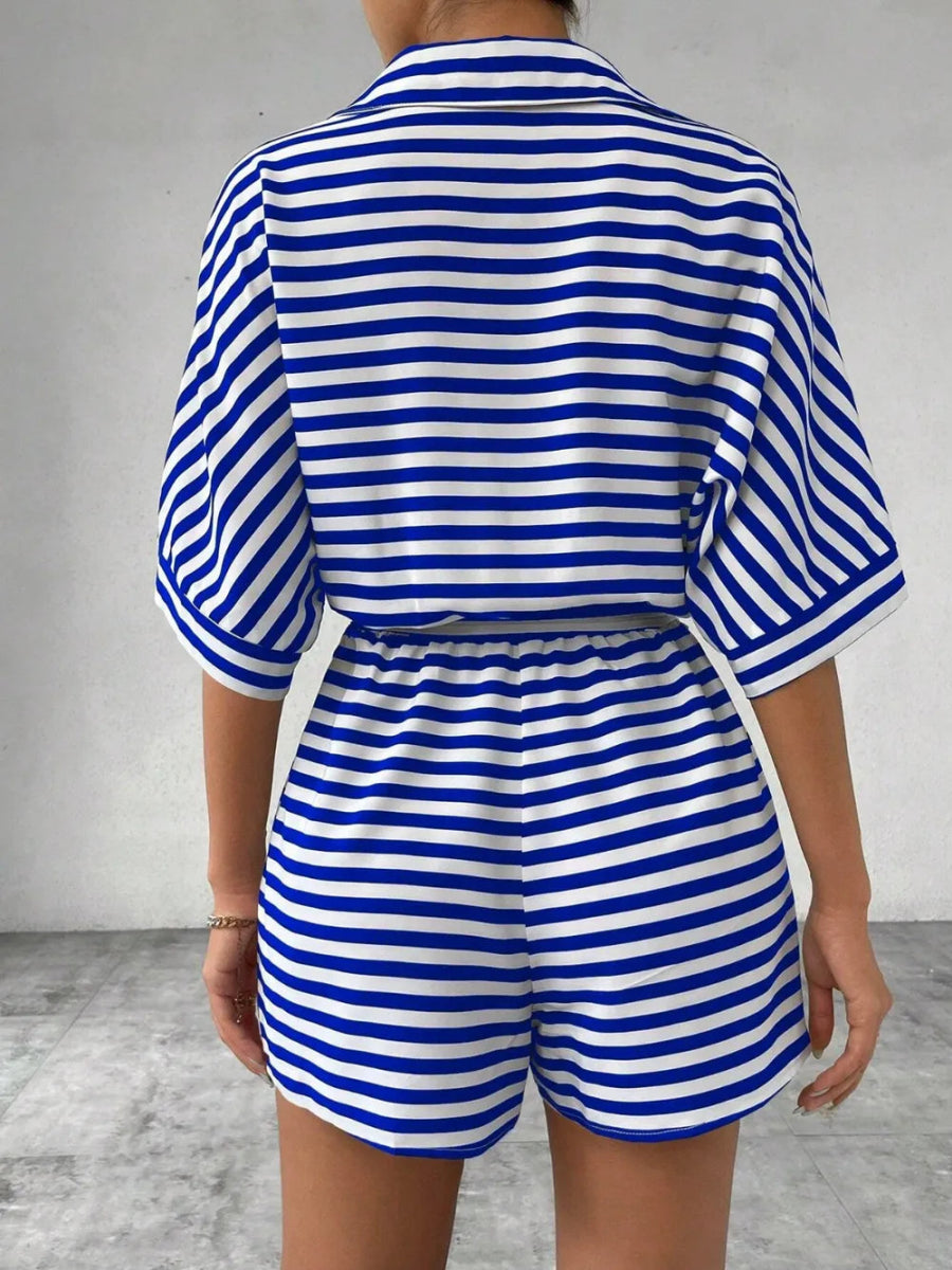 Tie Waist Half Button Striped Romper-Nordavory